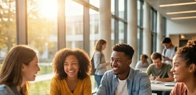 Étudiants en pause dans le hall lumineux d'un campus