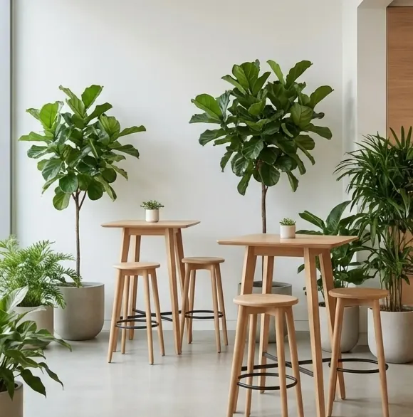Espace détente végétalisé avec tables hautes et tabourets en bois clair